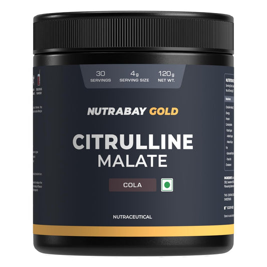 Nutrabay Gold Citrulline Malate supplement container with black lid and label.