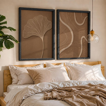 Ginkgo Leaf Wall Painting Set of 2 with Frame | Minimal Brown Beige Botanical & Abstract Line Texture Artwork, Modern Neutral Wall Decor for Living Room, Bedroom, Office and Home Decoration (Art-11, 10x13inch)