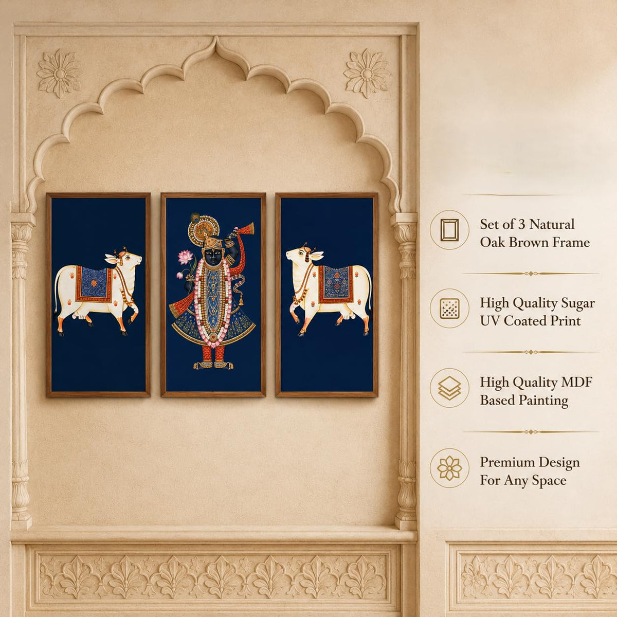 Set of 3 Shrinathji Cow Pichwai Wall Paintings with Sparkle Laminate, Premium Wooden Synthetic Frame, Krishna Religious Art for Living Room Pooja Decor
