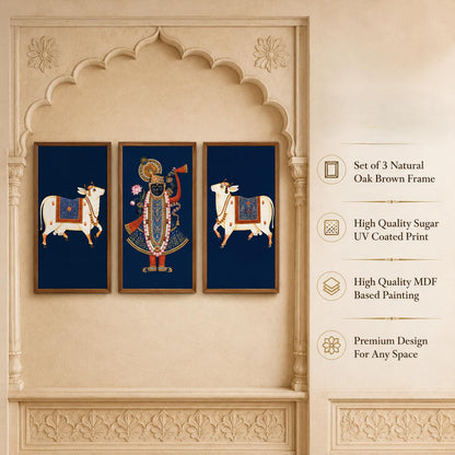 Set of 3 Shrinathji Cow Pichwai Wall Paintings with Sparkle Laminate, Premium Wooden Synthetic Frame, Krishna Religious Art for Living Room Pooja Decor