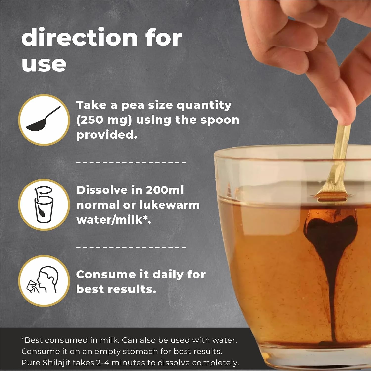 Hand using a spoon to dissolve a substance in a glass of liquid with text on directions for use.