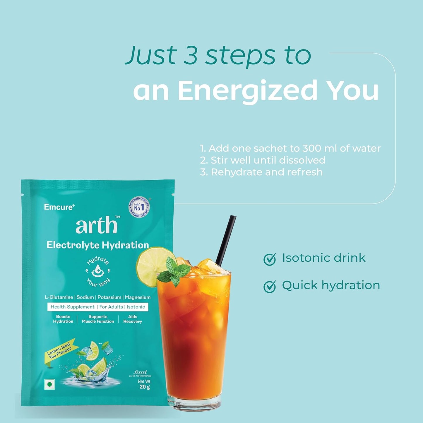 Arth Electrolyte Powder for Quick & Daily Hydration | With L-Glutamine, Potassium & Magnesium | Low Sodium Hydration Drink | Supports Muscle Recovery & Immunity | Lemon Iced Tea Flavour | 20 Sachets
