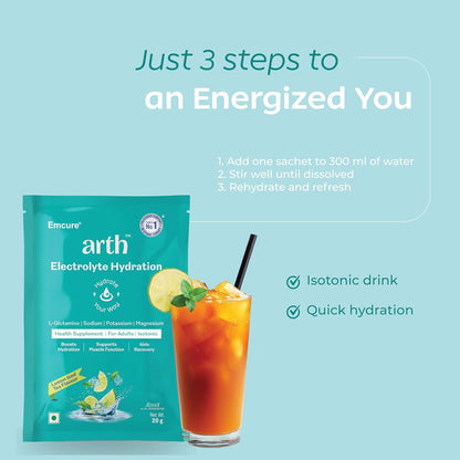 Arth Electrolyte Powder for Quick & Daily Hydration | With L-Glutamine, Potassium & Magnesium | Low Sodium Hydration Drink | Supports Muscle Recovery & Immunity | Lemon Iced Tea Flavour | 20 Sachets