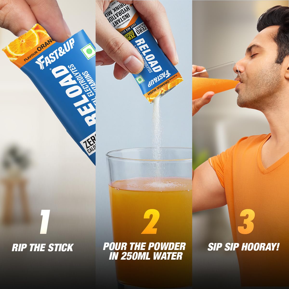 Fast&Up Reload Electrolytes Powder Sachets | Zero Added Sugar Hydration Drink with 5 Essential Electrolytes Vitamin C & B12 | Summer Heat, Workout Recovery, Travel & Wellness | Orange Rush, Pack of 15 Sachets
