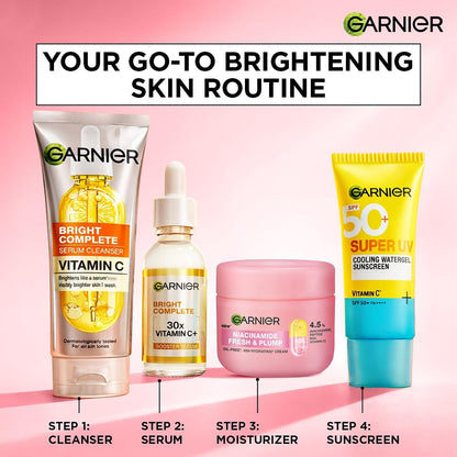 Garnier skincare products with step-by-step guide on a pink background