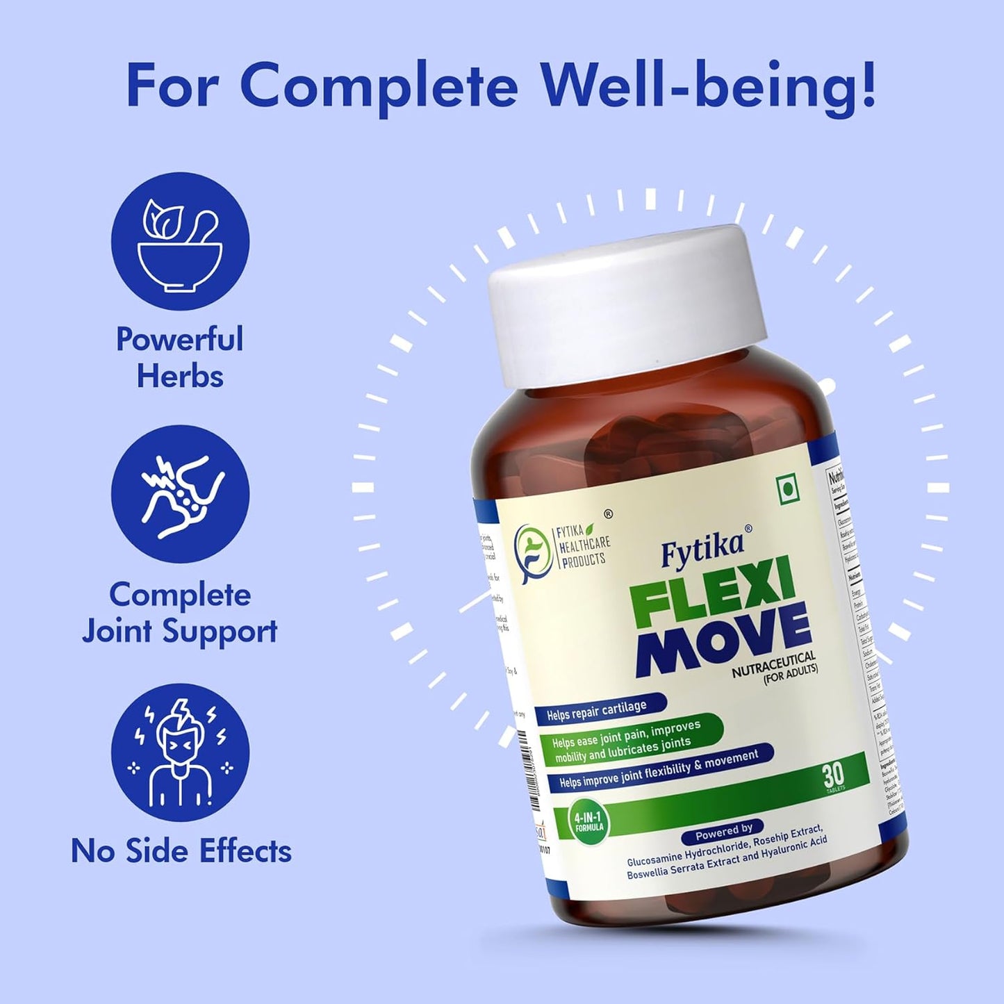 Fytika Flexi Move supplement bottle with icons and text on a blue background