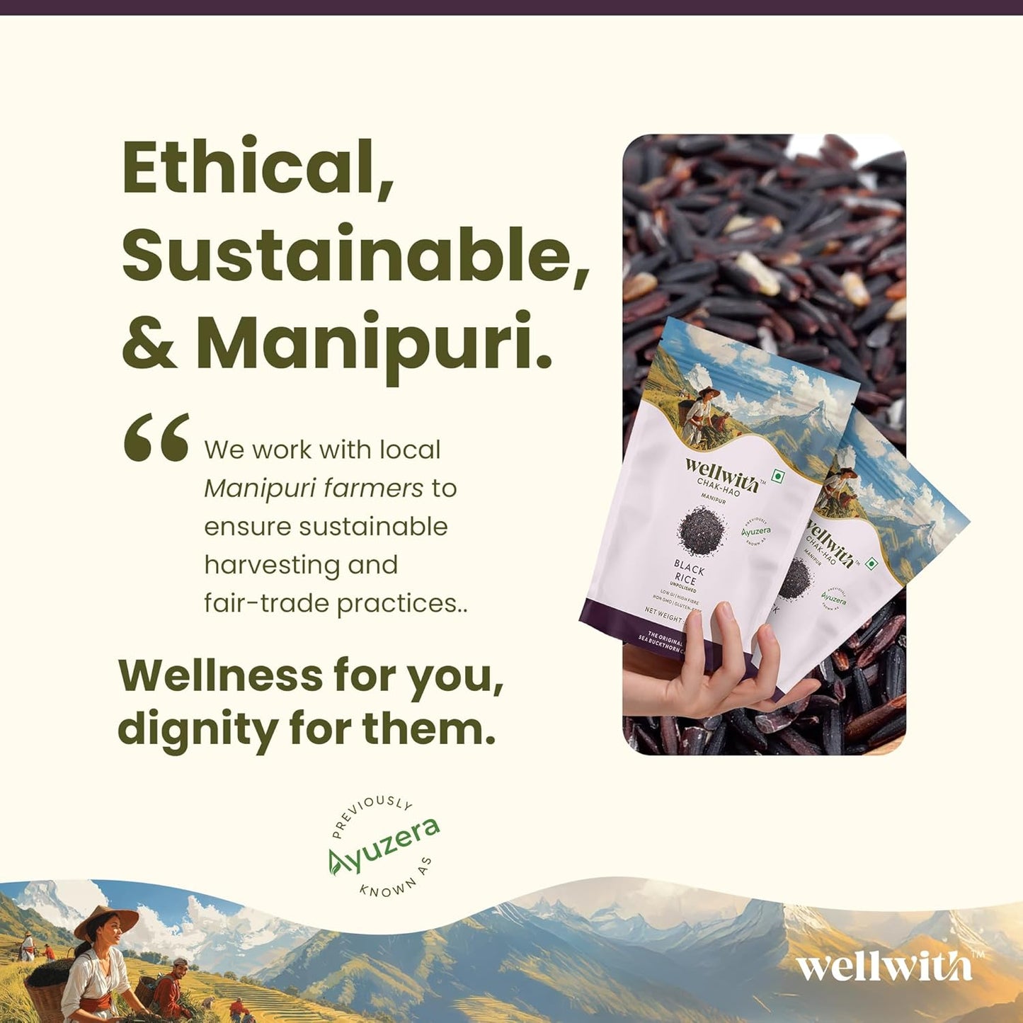 Wellwith (Ayuzera) Black Rice Gluten Free 250g | Chak Hao | Organic Karuppu Kavuni |100% Natural & Organic | Forbidden Manipuri Rice (Pack of 1)