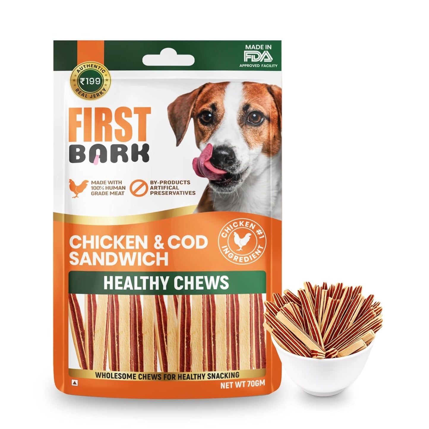 First Bark Dog Treats for Adult Dog & Puppy – Healthy Chews Chicken & Cod Fish Jerky for Dogs, Small Dogs & Shih Tzu | Dog Snacks & Puppy Treats – Chicken & Cod Sandwich (70g) x1