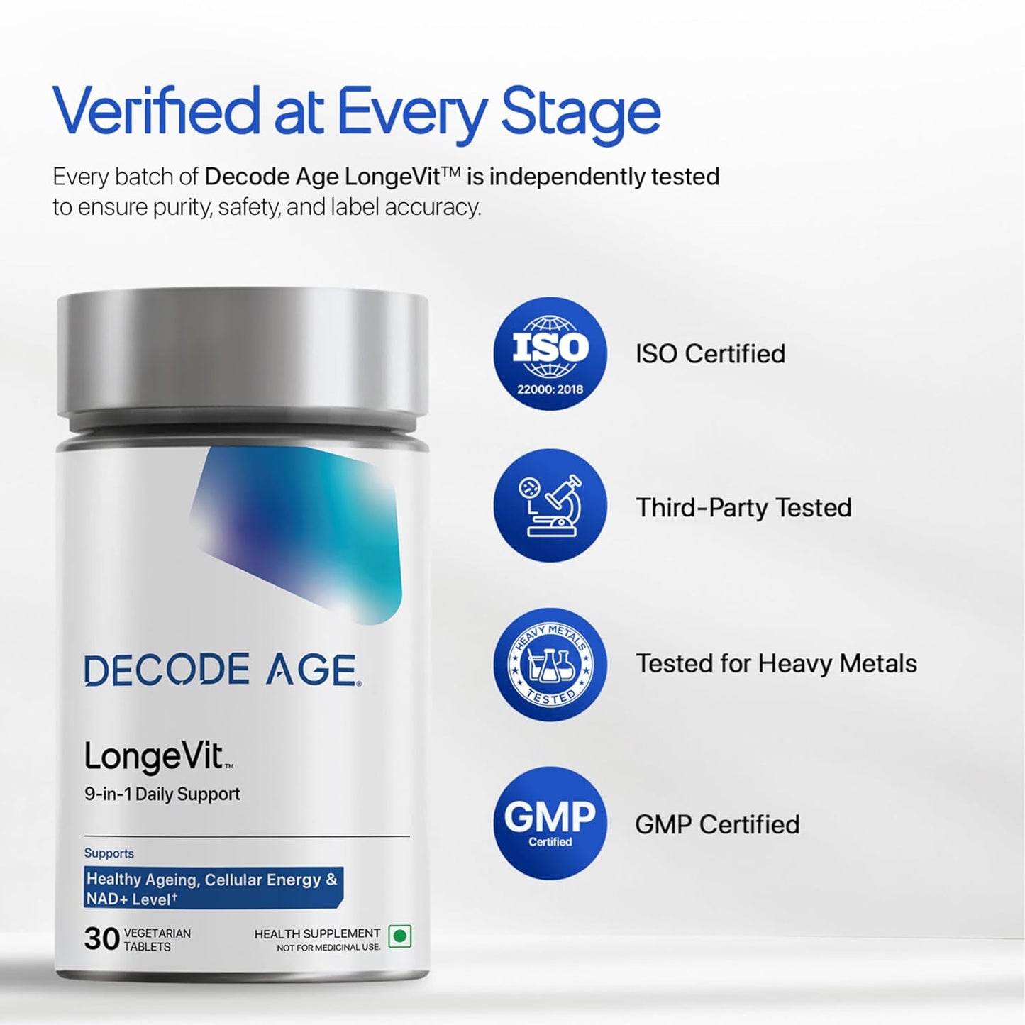 Supplement bottle labeled 'Decode Age LongeVit' with certification logos on a white background