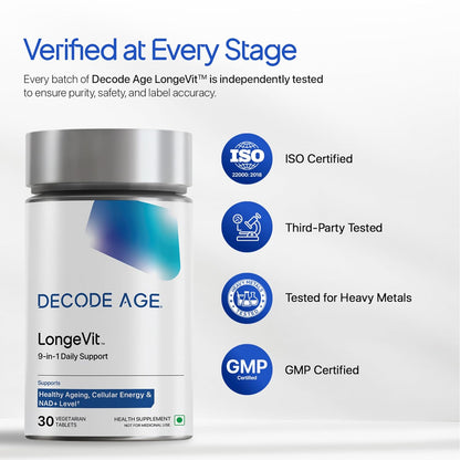 Supplement bottle labeled 'Decode Age LongeVit' with certification logos on a white background