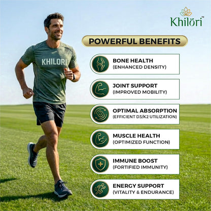Khilöri Calcium Supplement for Men and Women with Magnesium, Zinc, Vitamin D3, K2 MK7 & B12 Tablets | Plant Based Calcium Citrate Malate for Strong Bones, Joint Mobility & Muscle Recovery | 60 N (60 Tablets)