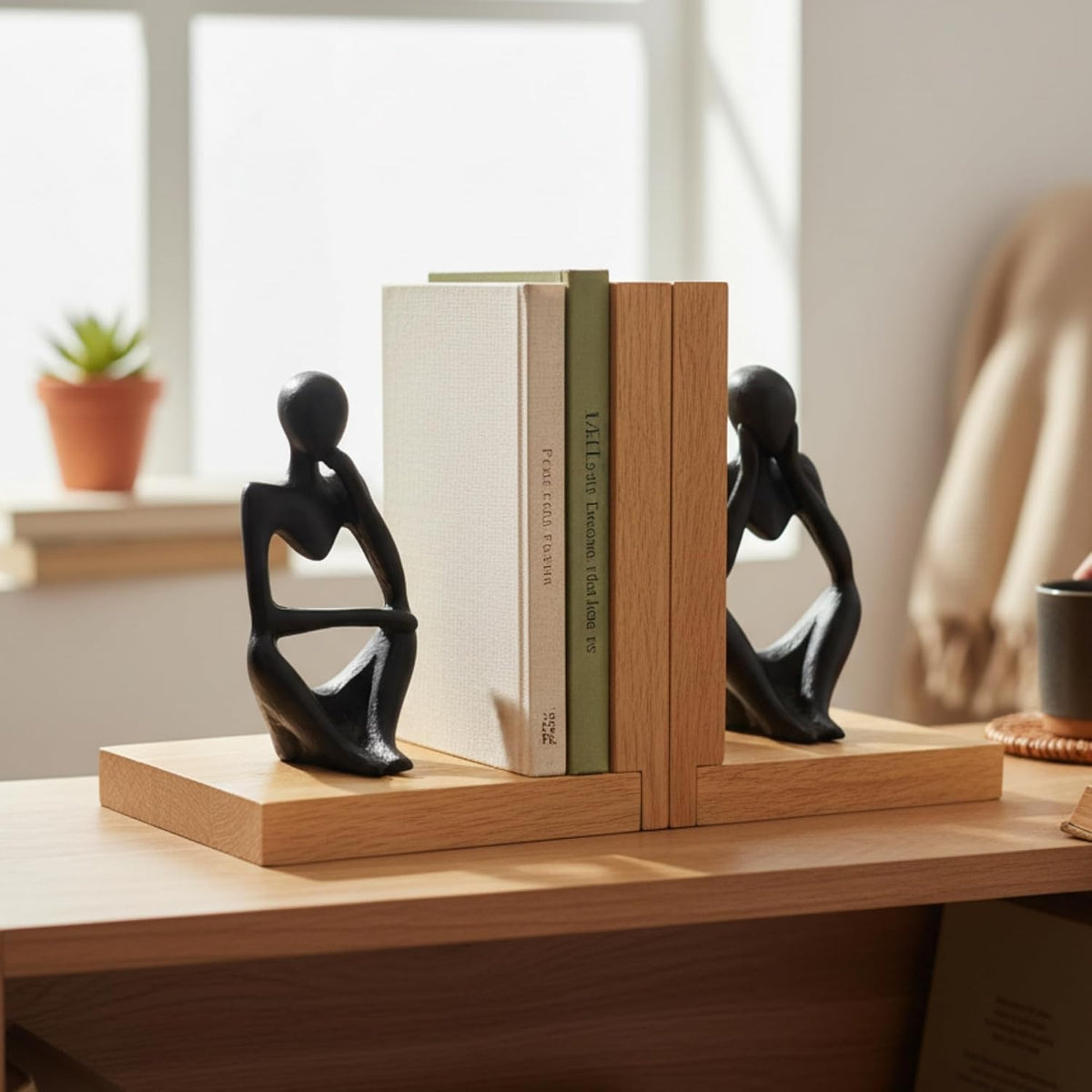 eCraftIndia Wooden Book End with Resin Thinker Statues Showpiece for Home Decor Office Table | Gift for Housewarming Birthday