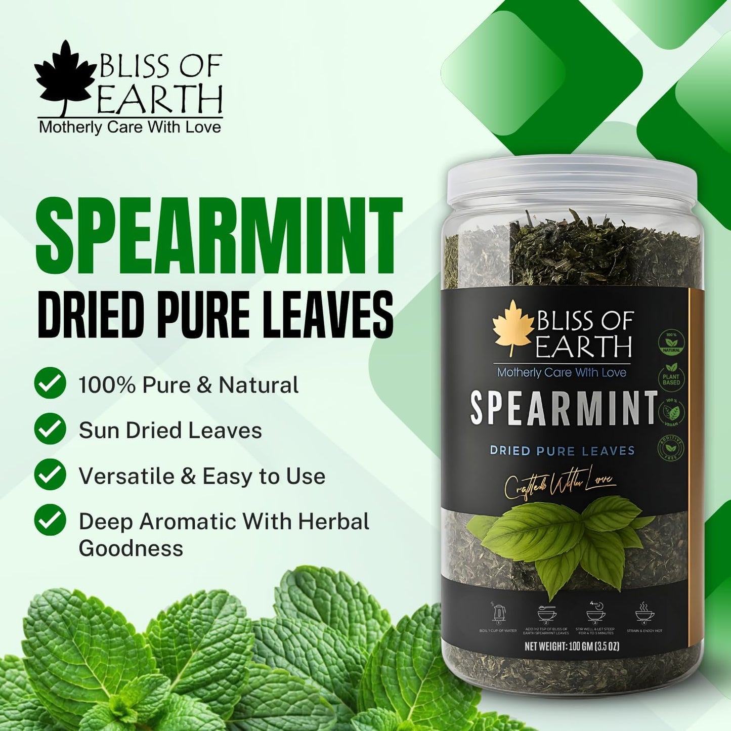 Bliss of Earth Spearmint Tea For PCOS Relief 100g, Premium Egyptian Sun Dried Spearmint Leaves, Mint Herbal Tea for Hot & Cold Brew