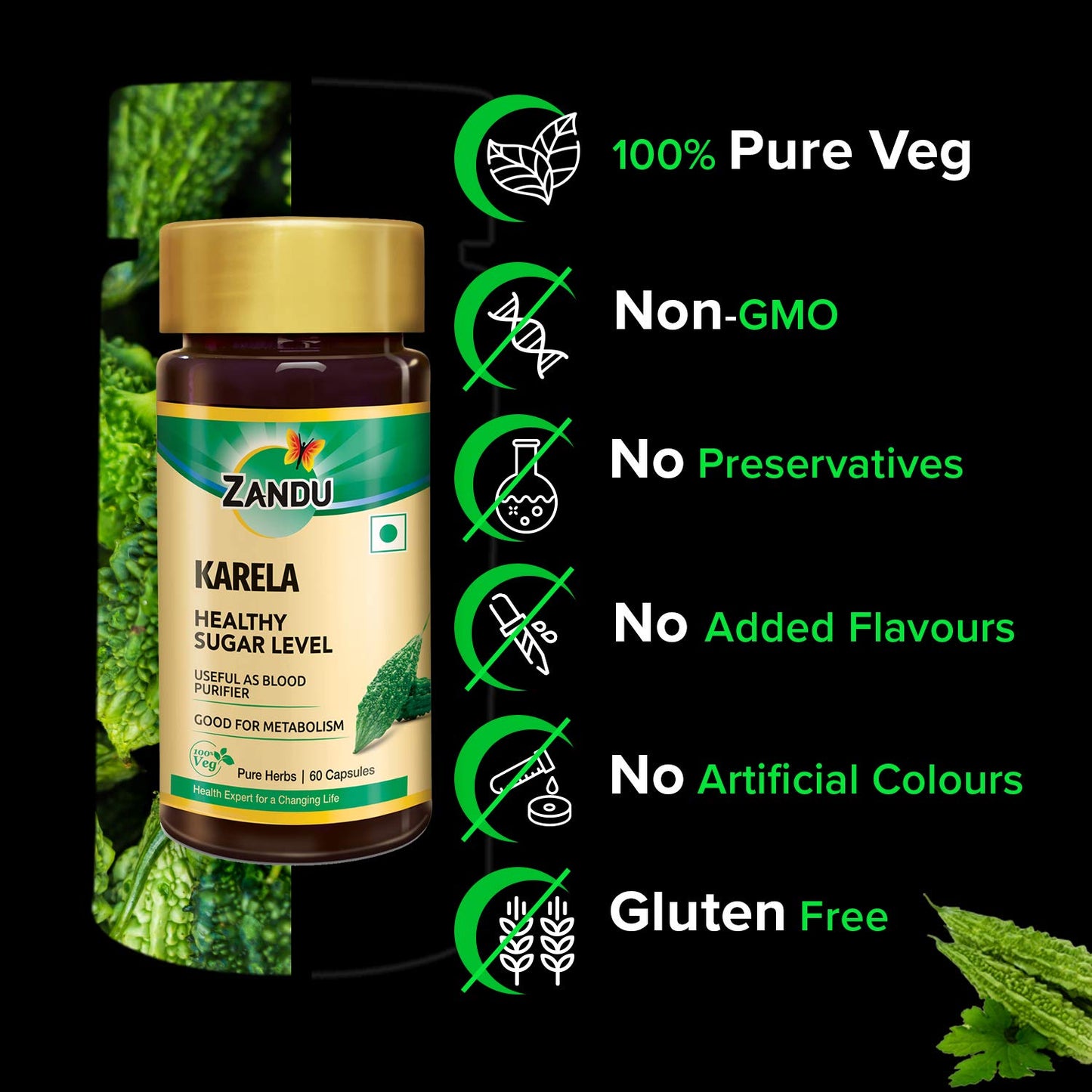 Zandu Karela Pure Herbs (Bitter Melon) for Healthy Sugar Levels and Improved Metabolism | 100% Natural & Authentic | Powerful Blood Purifier for Glowing Skin - 60 Veg capsules