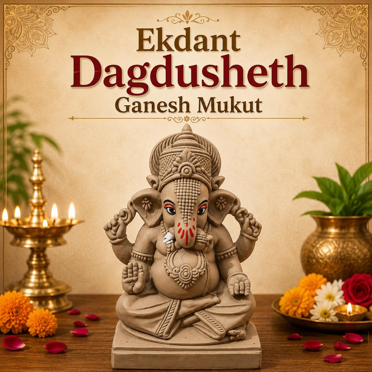 KSI Handmade Ekdant Dagdusheth Ganesh Mukut Ganesh Idol | Natural Clay Ganesha Murti for Home Temple, Office & Pooja | Eco-Friendly Terracotta Statue | Ganesh Chaturthi Decoration & Gift | 5.75 Inch