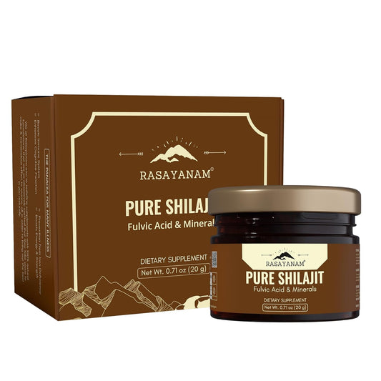 Rasayanam Pure Shilajit dietary supplement jar and packaging on a white background