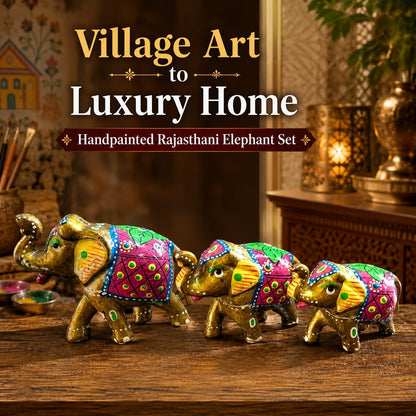 DreamKraft Paper Mache Elephant Showpiece, Yellow, Set of 3