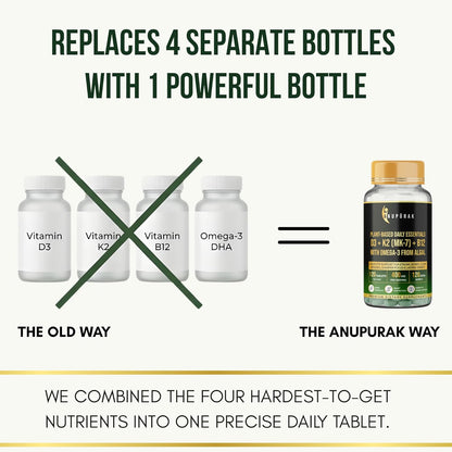ANUPURAK Vegan D3 K2 B12 & Omega 3 DHA Tablets | 4-in-1 Daily Essential Supplement | Bone, Brain, Heart & Energy Support | D3 (Lichen) + K2 MK-7 (Natto) + B12 + 250mg Algal DHA | 120 Veg Tablets (120 Days)