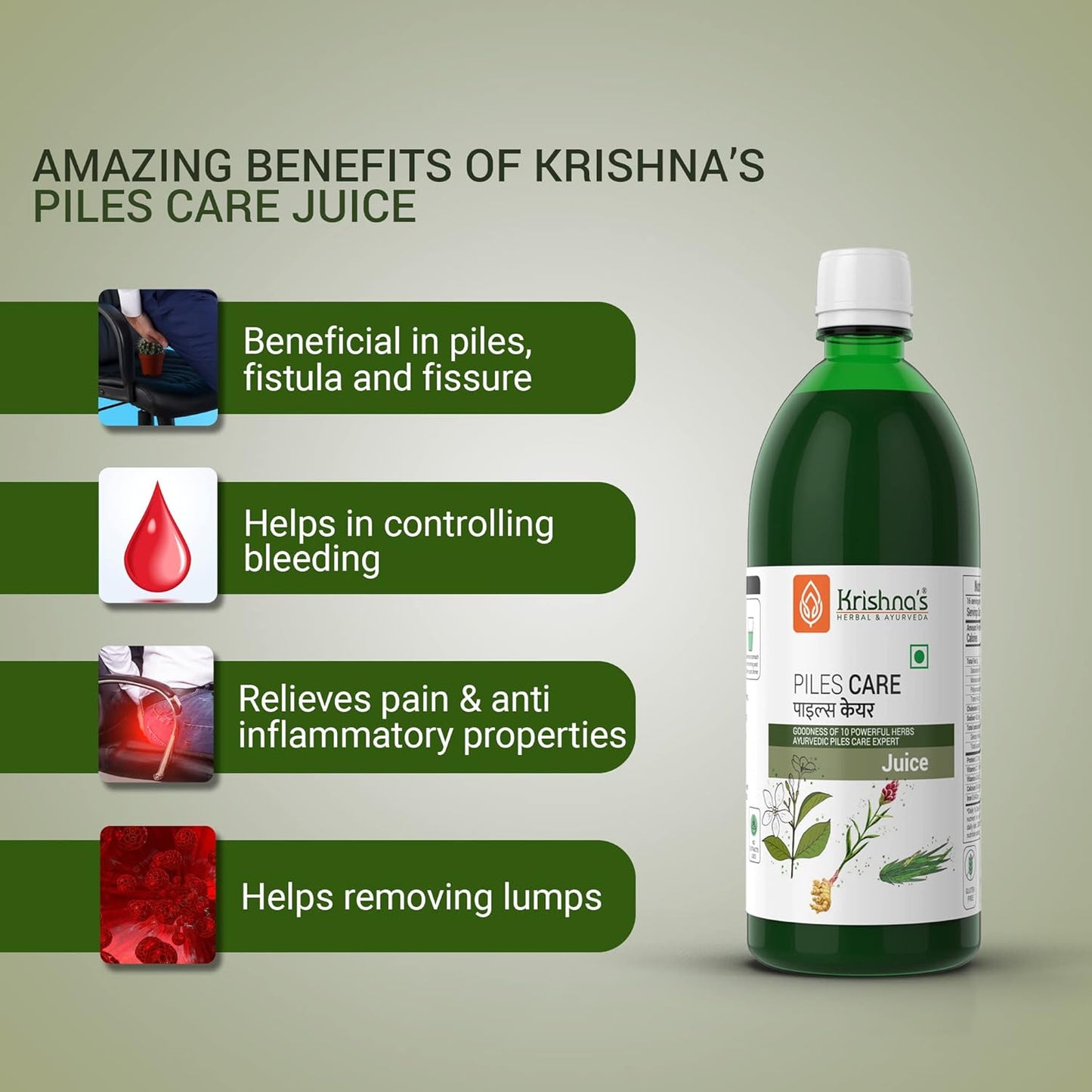 KRISHNA'S HERBAL & AYURVEDA Piles Care Juice - 1000 Ml, Ayurvedic Piles Care Expert, Goodness Of Chitrak Mool, Bachh, Kutaj, Bilav & 6 Other Herbs