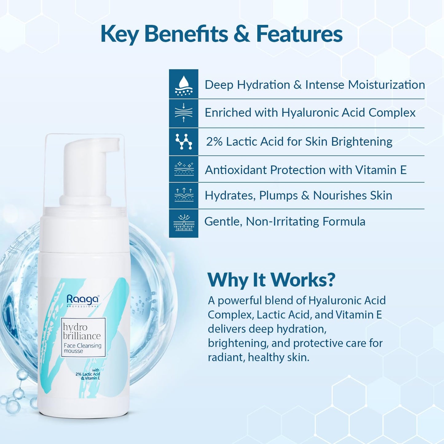 Raaga Professional Hydro Brilliance Face Cleansing Mousse with 2% Lactic Acid and Vitamin E | Paraben Free, Sulphate Free, Dermatologically Tested (100 ml)