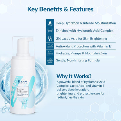 Raaga Professional Hydro Brilliance Face Cleansing Mousse with 2% Lactic Acid and Vitamin E | Paraben Free, Sulphate Free, Dermatologically Tested (100 ml)