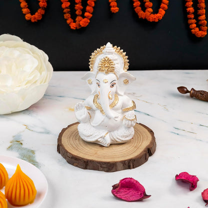 Lord Ganesha Idol for Car Dashboard, Home Decor & Pooja | Resin Gold Plated Ganpati Murti | 3.5 Inch Ganesh Statue for Gift, Diwali, Housewarming, Baby Shower, Mandir Decor, White, Pack -1