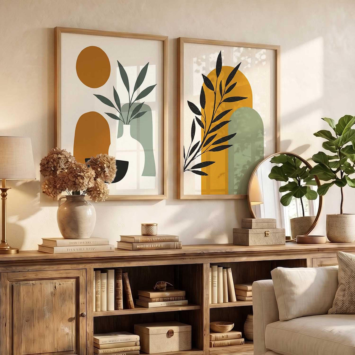 Home Decor Boho Painting Decorative Wall Art | Aesthetic poster With Frame For Living Room Bed Room Hotel Wall Decor Digital Reprint Set of 2 (13X17 inch)