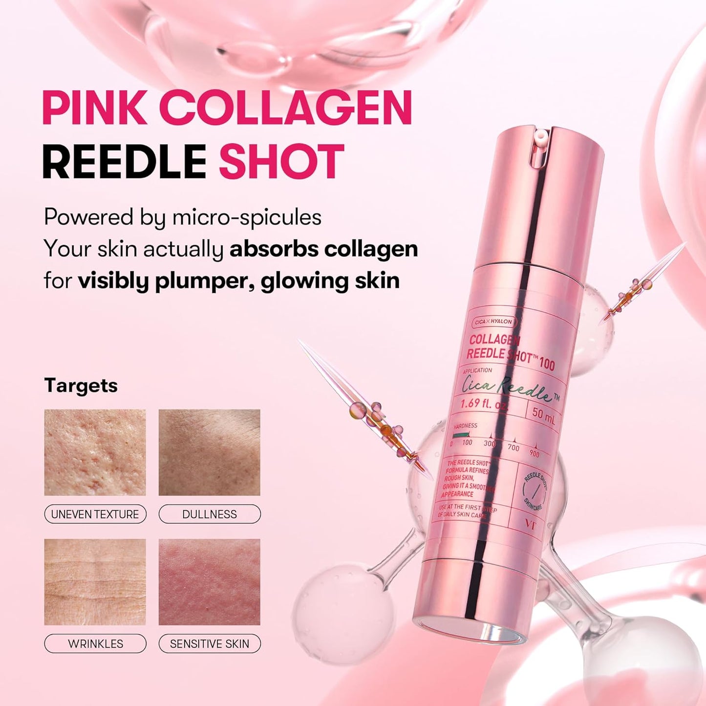 VT COSMETICS Collagen Reedle Shot 100 – Korean Skincare Micro-Spicule Ampoule with Collagen for Hydration Support, Skin Elasticity Care, Smooth Texture and Lightweight Absorbing Serum | 50ml