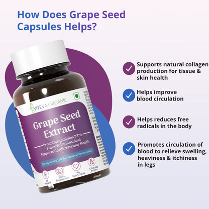 Viteva Organic Grape Seed Extract with 98% Polyphenols 500mg 90 Veg Capsules - Supports Healthy Cholesterol Levels & Immunity - Antioxidant Supplement to promote Healthy Hair & Skin