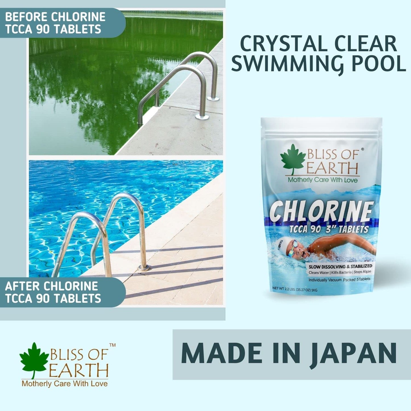 Bliss of Earth Chlorine Tablets for Water Tank - for Clean & Clear Swimming Pool, Kills Bacteria & Stops Algae, Pool Disinfectant 5 Japanese Chlorine Tablets - 1000gm
