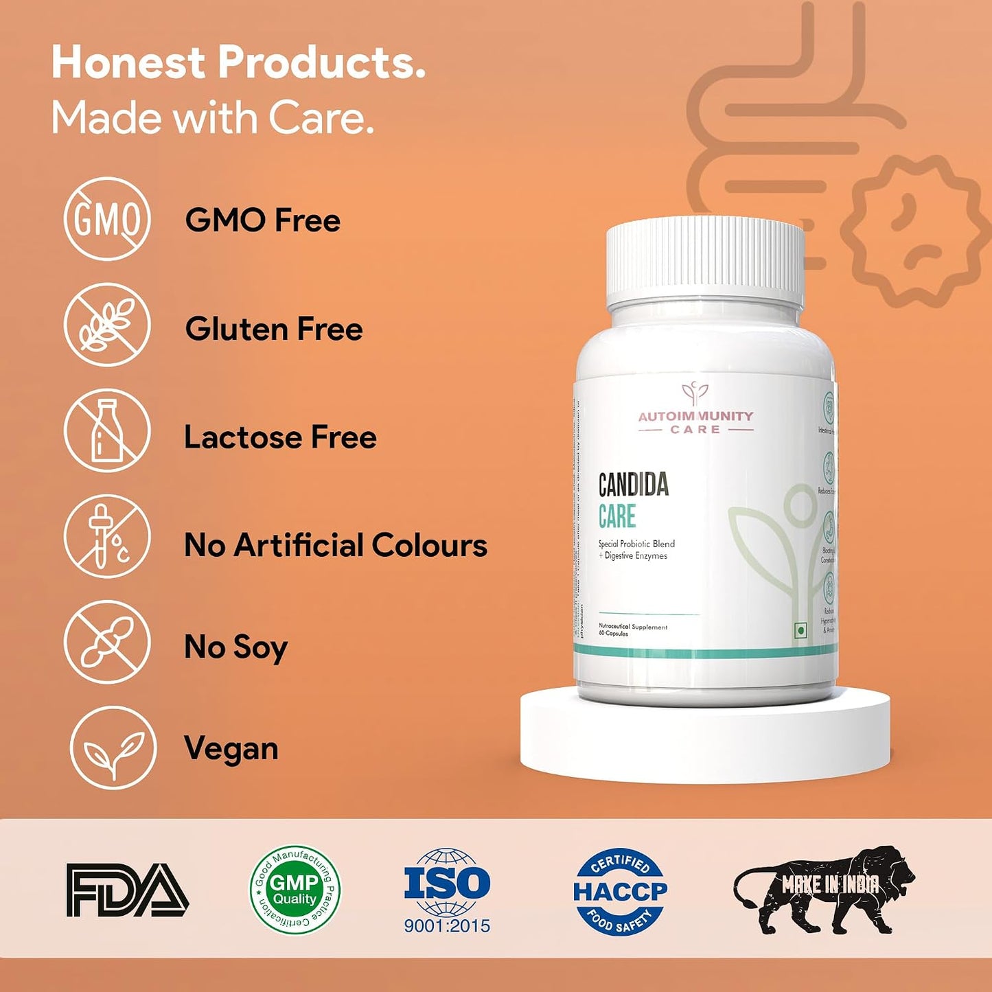 Autoimmunity Care Candida Care – Advanced Probiotics for Candida, Leaky Gut & Gut Health | Probiotics Supplement for Gut Cleanse, Acidity & Bloating Relief | Lactobacillus, Bifidobacterium & S Boulardii | 60 Dose