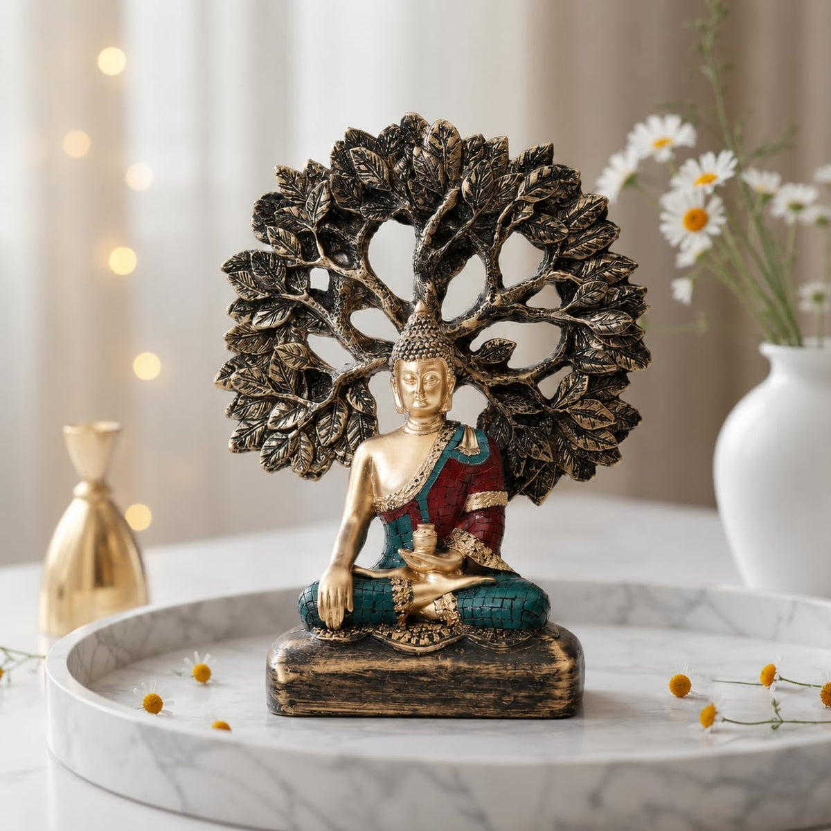 Handcrafted Buddha Showpiece with Tree for Home Décor (Pack of 1, Multi)