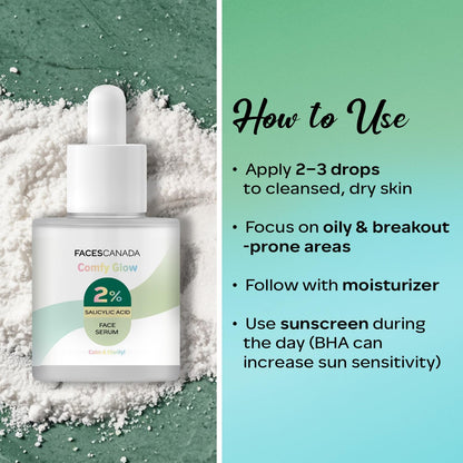 FACES CANADA Comfy Glow 2% Salicylic Acid w/w Face Serum - 15ml | Clears Acne & Blackheads | Unclogs Pores | Controls Oil | Even Skin Tone | Smooth Skin Texture | Gentle Exfoliation