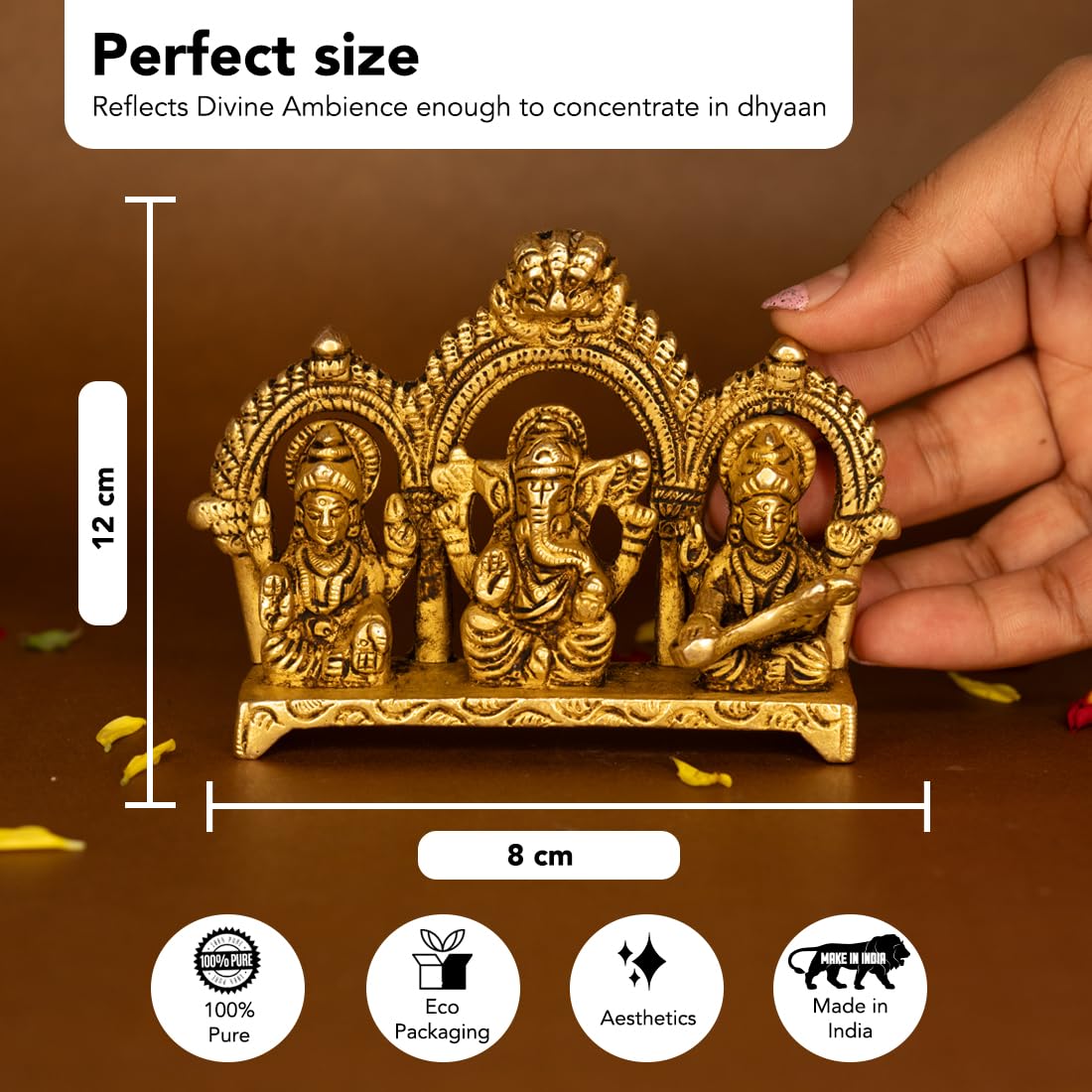 100% Pure Brass Laxmi Ganesh Saraswati Murti (Size: 8.0 cm) | Lord Ganpati Lakshmi Saraswati Maa Idol for Diwali Puja | God Idols for Pooja Room or Griha Pravesh Ceremony
