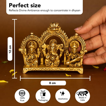 100% Pure Brass Laxmi Ganesh Saraswati Murti (Size: 8.0 cm) | Lord Ganpati Lakshmi Saraswati Maa Idol for Diwali Puja | God Idols for Pooja Room or Griha Pravesh Ceremony
