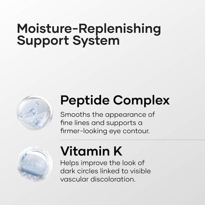 Text detailing a moisture-replenishing support system with peptide complex and vitamin K on a white background.