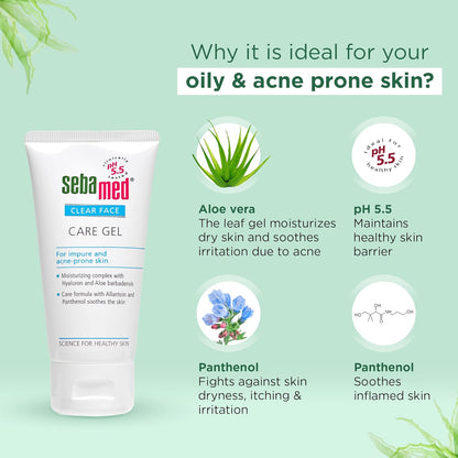 Sebamed Clear Face Care Gel with benefits for oily and acne-prone skin on a light green background.