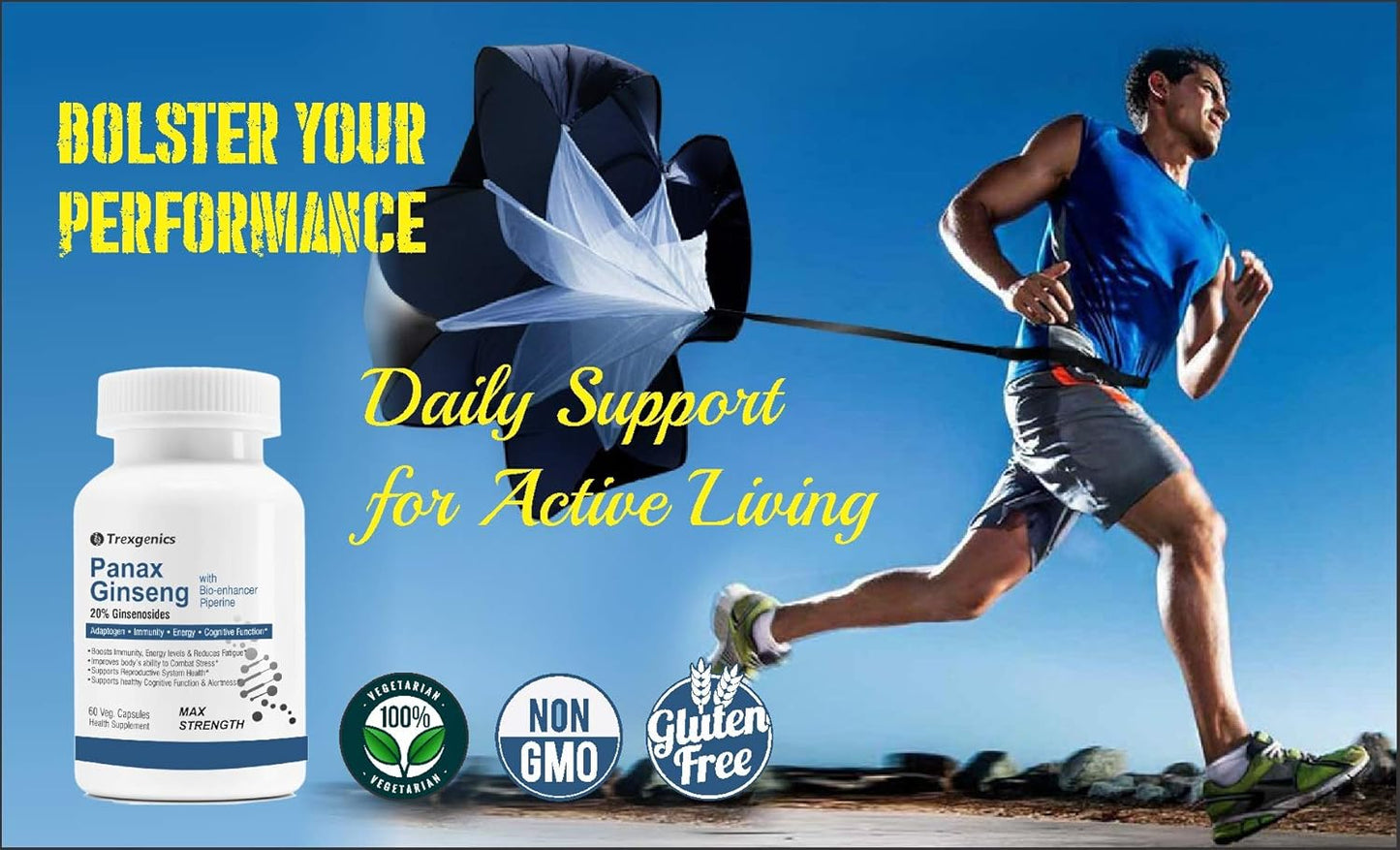 Panax Ginseng supplement bottle with a runner and text on a blue background