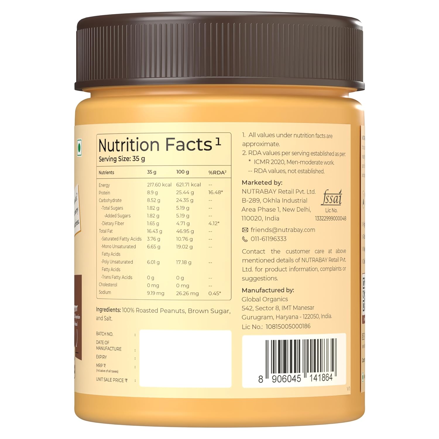 Nutrition facts label on a jar of peanut butter with Nutrabaay branding.