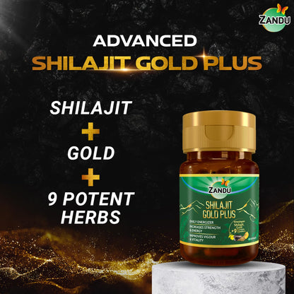 Zandu Shilajit Gold Plus| Scientifically tested advanced formula| Made using 100% Pure Himalayan Shilajit, Gold & 9 Ayurvedic herbs |Enhances strength, stamina, vigour, vitality and power | 20 Caps