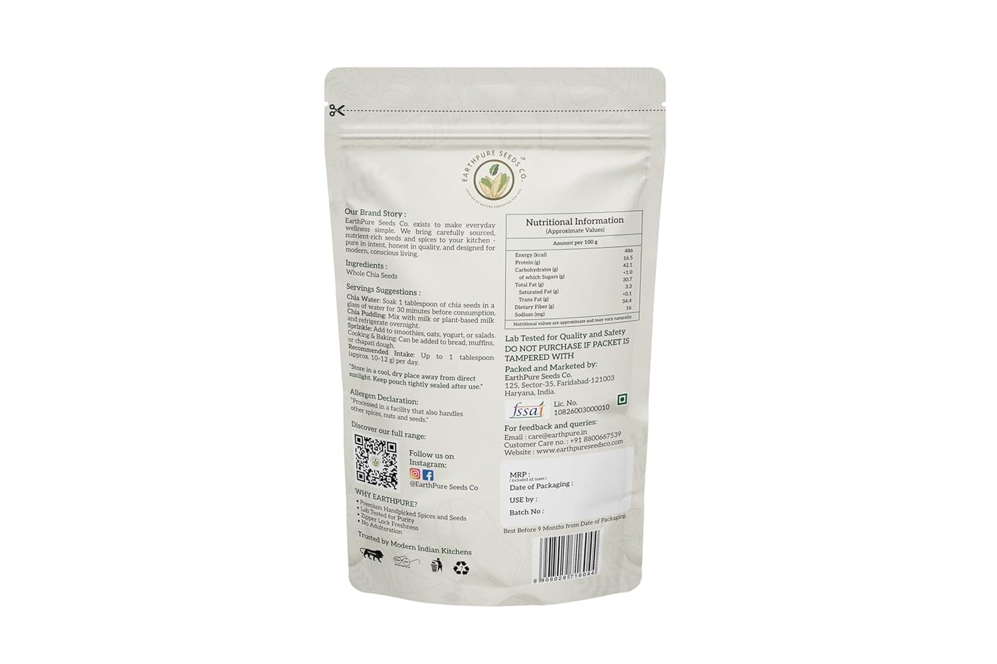 EarthPure Chia Seeds 100g I Seeds for Eating | Seeds for Weight Management | Rich in Calcium, Protein & Fibre