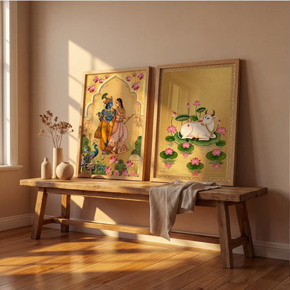 Pichwai Radha Krishna Nandi Cow Gold Wall Art Painting | Set of 2 Framed Paintings | Traditional Indian Decor for Living Room Pooja Room Bedroom | (ART 8, 13x19 INCHES)