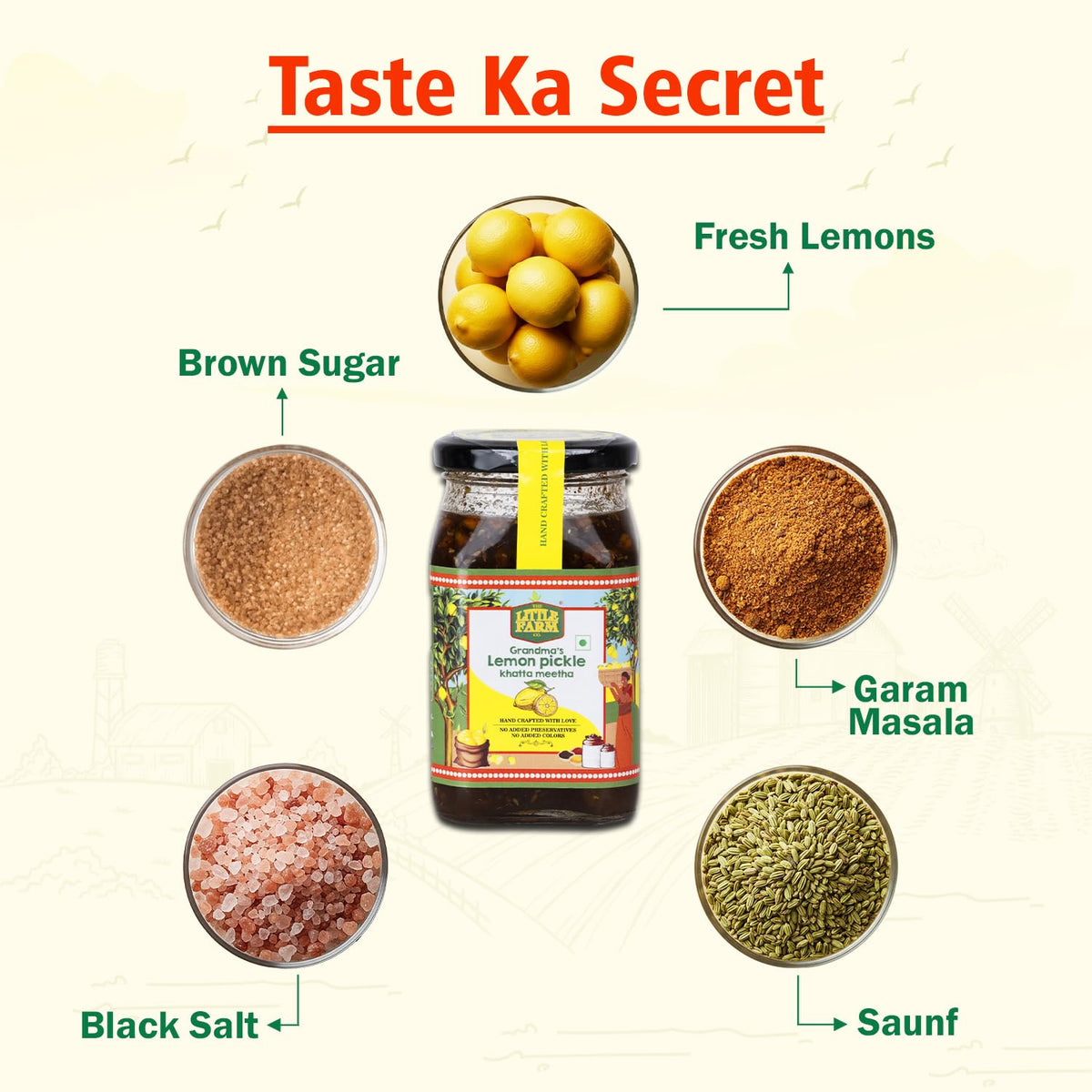 THE LITTLE FARM CO Sweet & Sour Lemon Pickle - Nimbu ka Achar | Oil Free | Homestyle Khatta Meetha Nimbu Pickles | No Added Preservatives, Artificial Colours & Flavours | Traditional Recipe