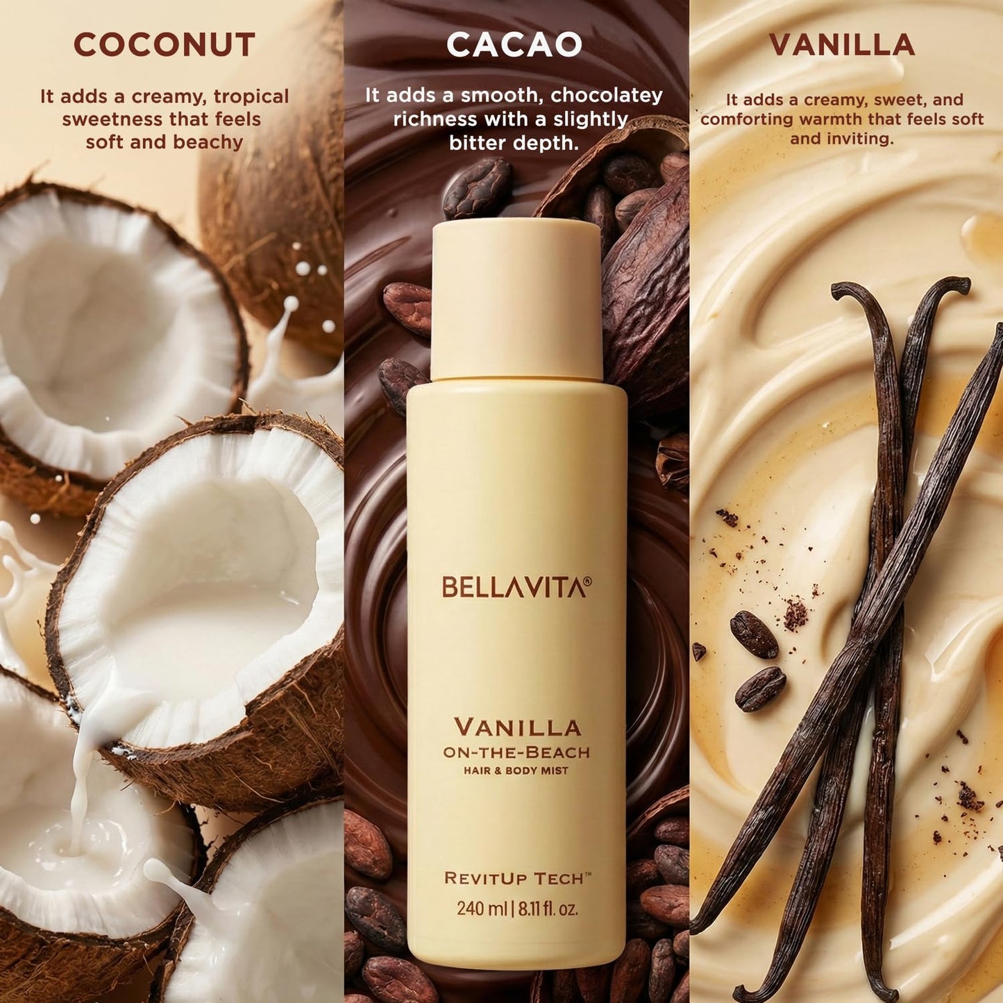 Bellavita Vanilla on-the-Beach hair and body mist with coconut, cacao, and vanilla elements.