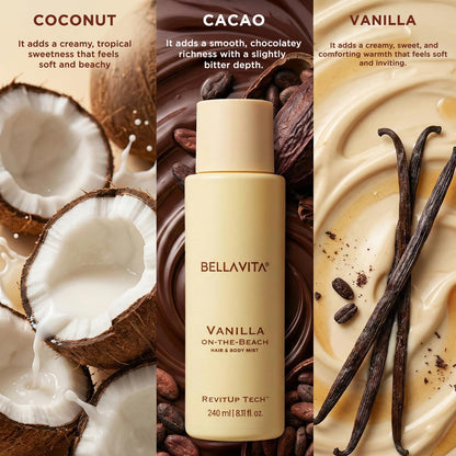 Bellavita Vanilla on-the-Beach hair and body mist with coconut, cacao, and vanilla elements.