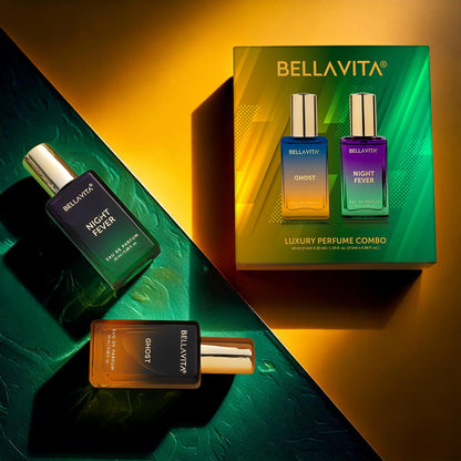 Bellavita luxury perfume combo with three bottles on a green and orange gradient background