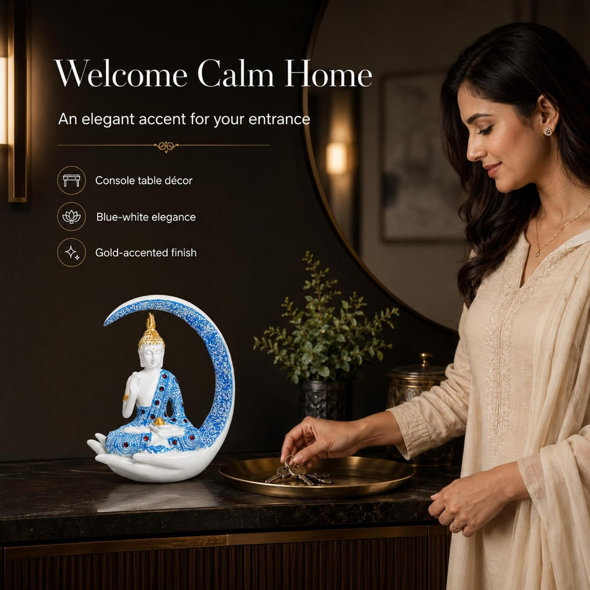 10 Inch 3D Resin Meditating Buddha Statue with Blue Crescent Moon | Lucky Buddha Idol for Home Decor, Living Room, Office Desk & Spiritual Gift Item