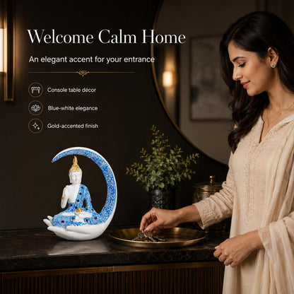 10 Inch 3D Resin Meditating Buddha Statue with Blue Crescent Moon | Lucky Buddha Idol for Home Decor, Living Room, Office Desk & Spiritual Gift Item