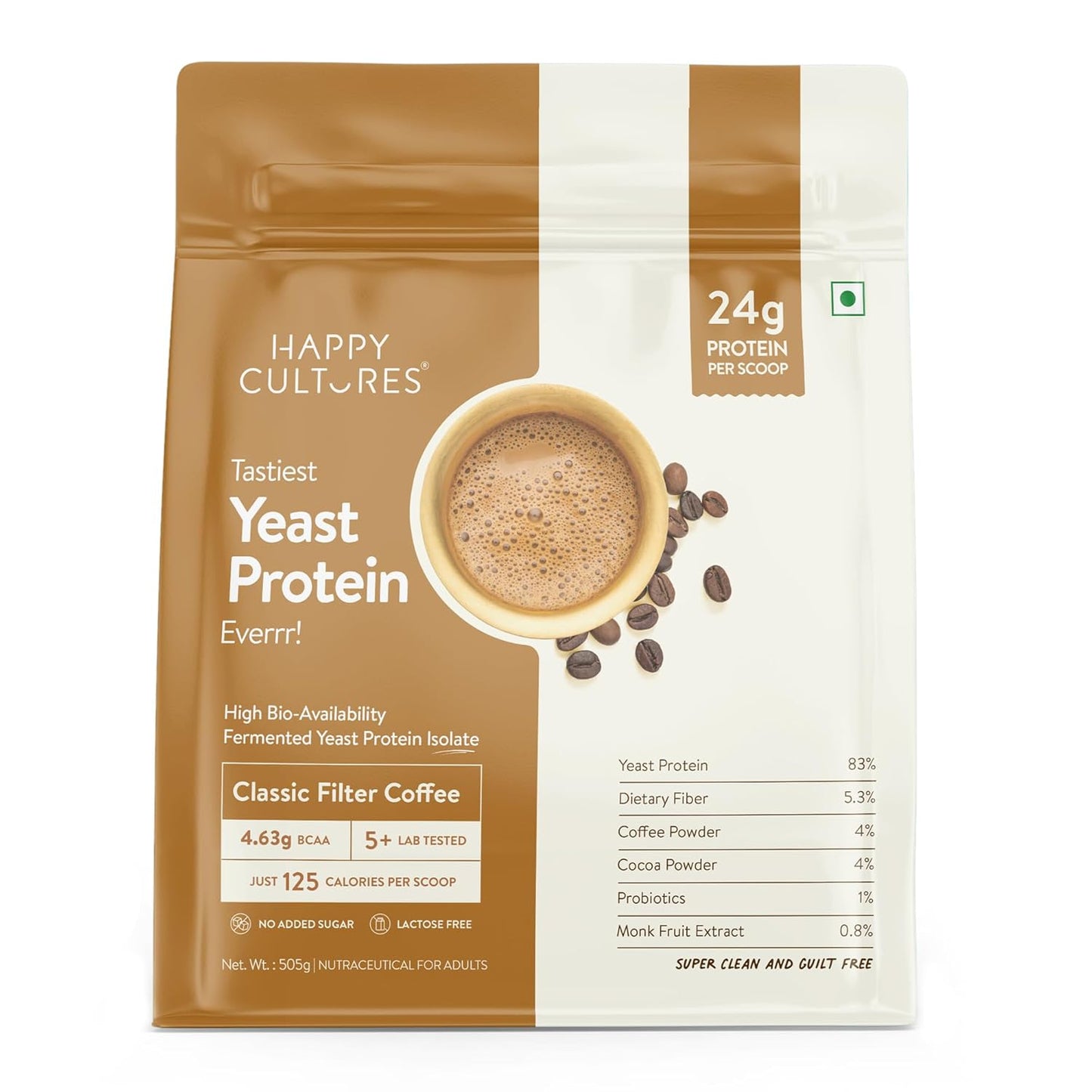 Happy Cultures 24g Tastiest Yeast Protein (Fermented) | Classic Filter Coffee | Higher Absorption than Whey Protein | Superior Muscle Recovery | Gut Friendly & Super Tasty | PDCAAS of 1 | No Added Sugar- 505g