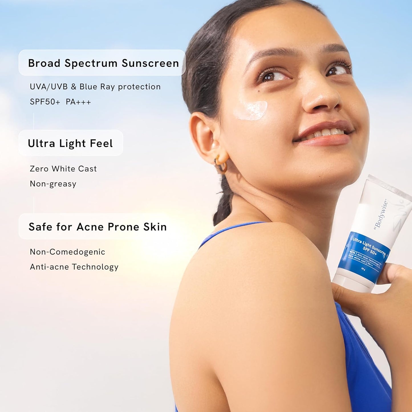 Be Bodywise Ultra Light Sunscreen SPF 50 PA+++ for Oily, Dry, Acne-prone Skin | Broad Spectrum Protection & Blue Light Protection | No White Cast | Non-Greasy | Korean Anti-Acne Technology | Water & Sweat Resistant | Ultra Lightweight Texture | 50g